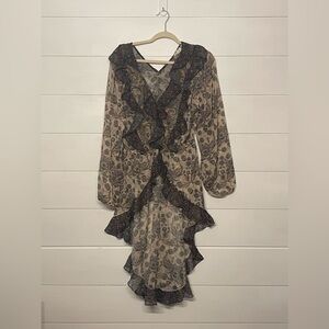 Anthropologie Black and Beige Paisley Ruffle Tunic